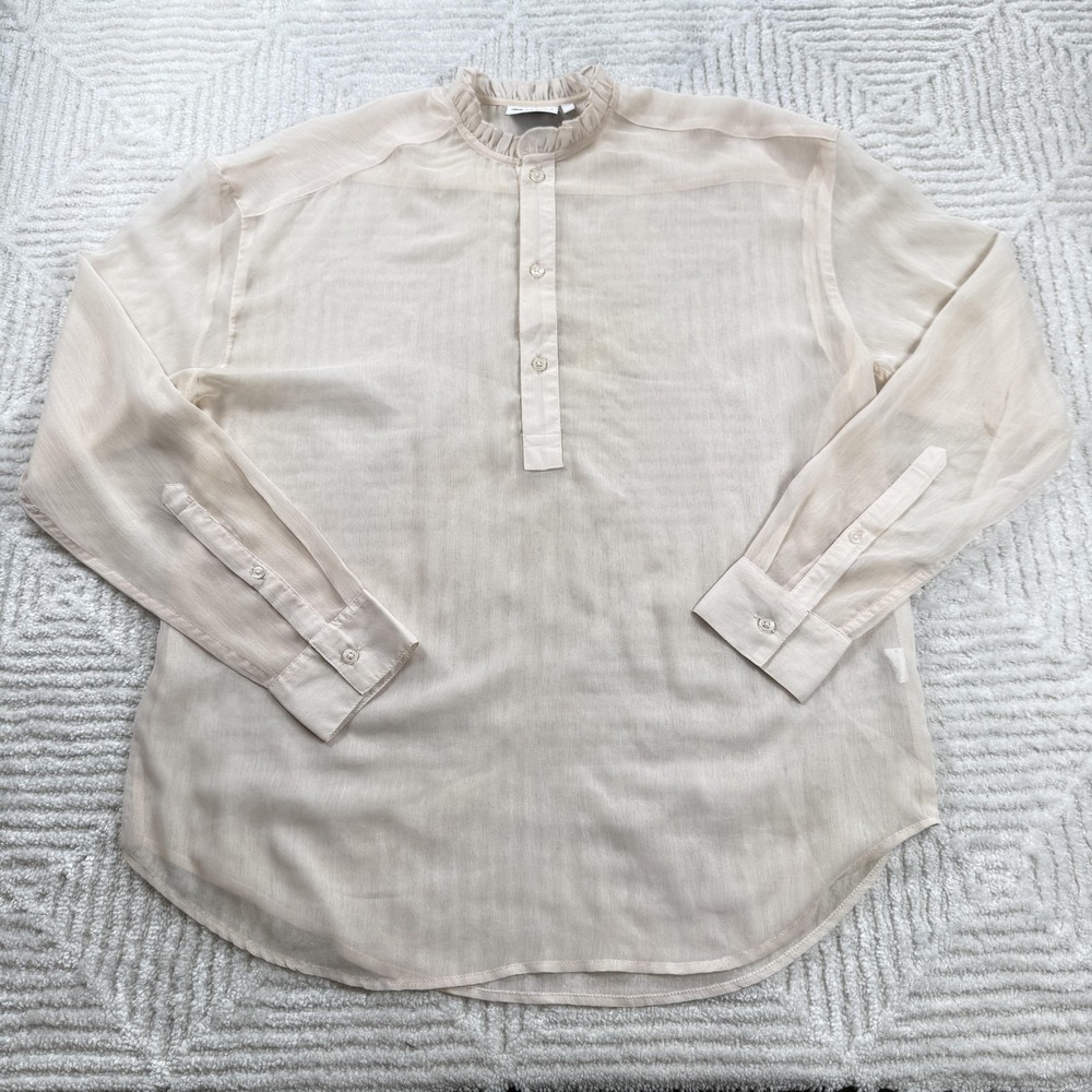 ASOS Design Blouse Women S Beige Ruffle Neck Sheer LS Top Boho Equestrian K-Pop